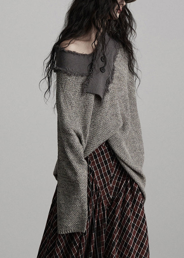 Original Design Grey V Neck Asymmetrical Cotton Knit Sweater Fall