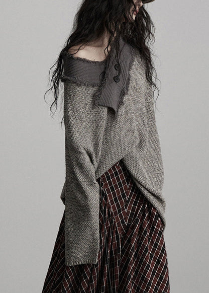 Original Design Grey V Neck Asymmetrical Cotton Knit Sweater Fall