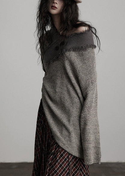 Original Design Grey V Neck Asymmetrical Cotton Knit Sweater Fall