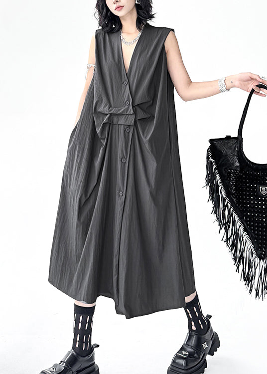 Original Design Grey V Neck Button Cotton Dress Sleeveless