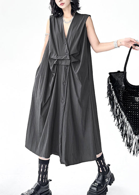 Original Design Grey V Neck Button Cotton Dress Sleeveless