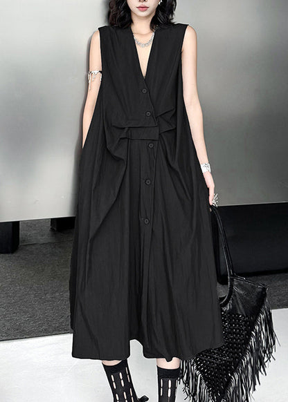 Original Design Grey V Neck Button Cotton Dress Sleeveless