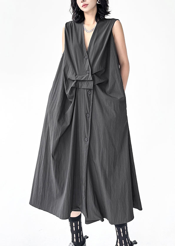 Original Design Grey V Neck Button Cotton Dress Sleeveless