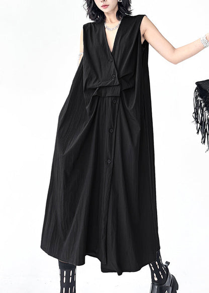 Original Design Grey V Neck Button Cotton Dress Sleeveless