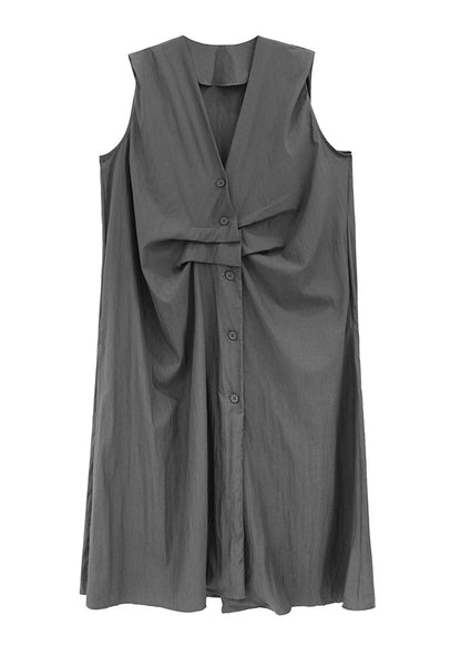 Original Design Grey V Neck Button Cotton Dress Sleeveless