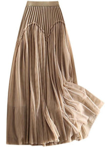Original Design Khaki High Waist Ruffled Patchwork Tulle Pleated Skirts Spring