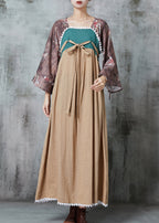 Original Design Khaki Patchwork Linen Dress Flare Sleeve