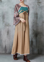 Original Design Khaki Patchwork Linen Dress Flare Sleeve