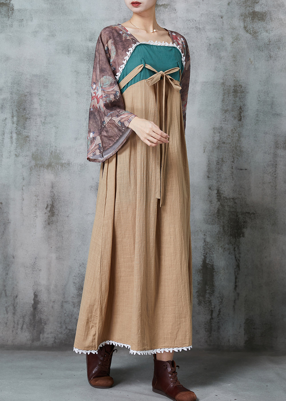 Original Design Khaki Patchwork Linen Dress Flare Sleeve
