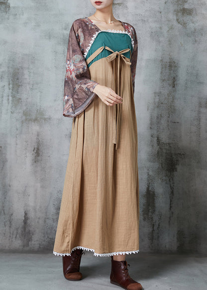 Original Design Khaki Patchwork Linen Dress Flare Sleeve