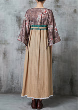 Load image into Gallery viewer, Original Design Khaki Patchwork Linen Dress Flare Sleeve