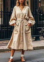 Original Design Loose Apricot V Neck Pockets Cotton Dresses Long Sleeve