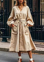 Original Design Loose Apricot V Neck Pockets Cotton Dresses Long Sleeve