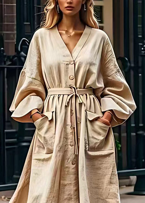 Original Design Loose Apricot V Neck Pockets Cotton Dresses Long Sleeve