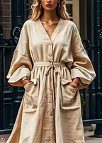 Original Design Loose Apricot V Neck Pockets Cotton Dresses Long Sleeve