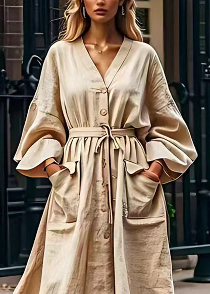 Original Design Loose Apricot V Neck Pockets Cotton Dresses Long Sleeve