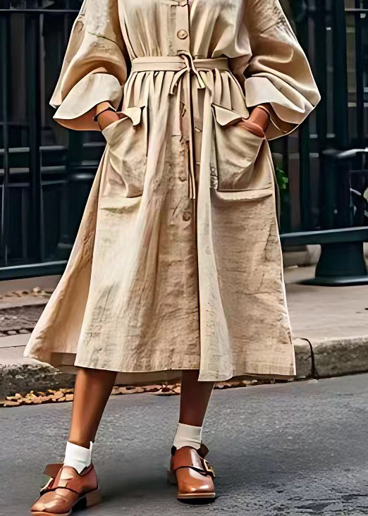 Original Design Loose Apricot V Neck Pockets Cotton Dresses Long Sleeve