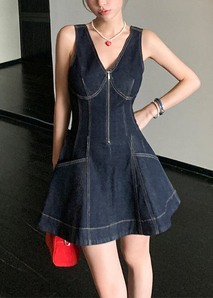 Original Design Navy V Neck Zippered Denim Mini Dresses Sleeveless