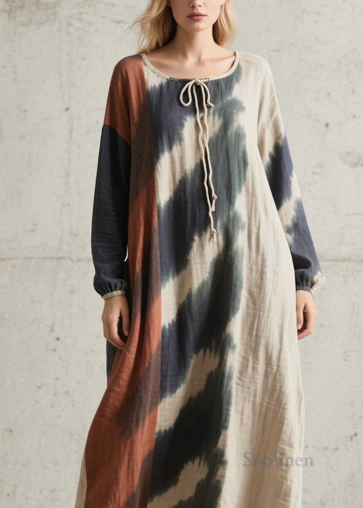 Original Design O Neck Tie Dye Cotton Maxi Dresses Fall