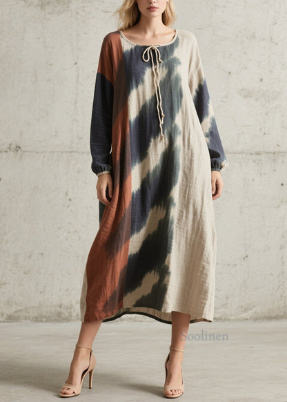 Original Design O Neck Tie Dye Cotton Maxi Dresses Fall