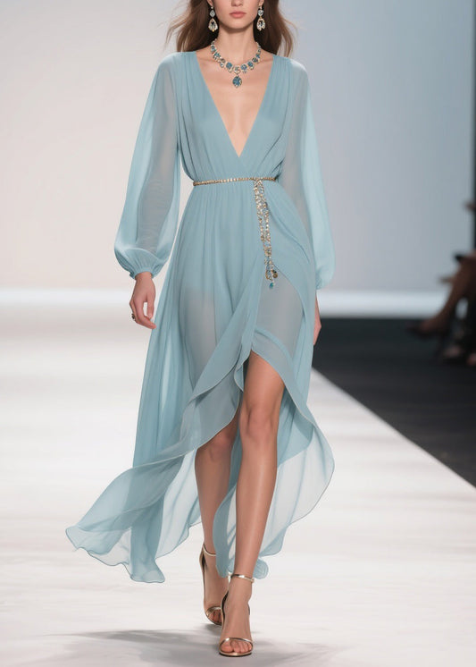 Original Design Pale Mint Blue Low High Design Solid Chiffon Long Dress Spring