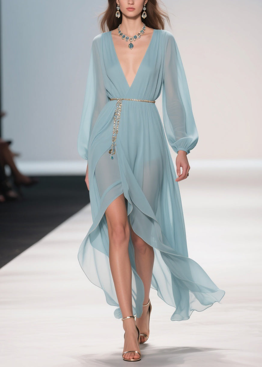 Original Design Pale Mint Blue Low High Design Solid Chiffon Long Dress Spring