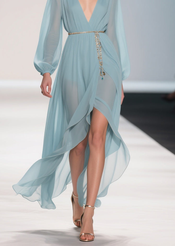 Original Design Pale Mint Blue Low High Design Solid Chiffon Long Dress Spring