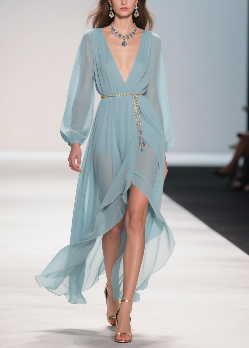 Original Design Pale Mint Blue Low High Design Solid Chiffon Long Dress Spring