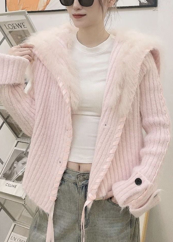 Original Design Pink Fox Collar Button Patchwork Knit Cardigan Fall