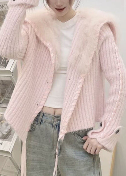 Original Design Pink Fox Collar Button Patchwork Knit Cardigan Fall