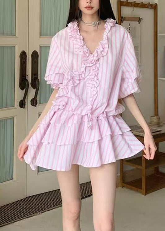 Original Design Pink Ruffled Striped Patchwork Mid Dresses Short Sleeve