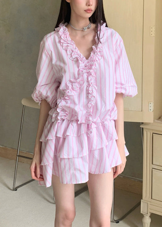 Original Design Pink Ruffled Striped Patchwork Mid Dresses Short Sleeve