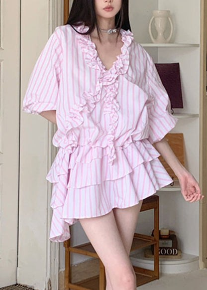 Original Design Pink Ruffled Striped Patchwork Mid Dresses Short Sleeve