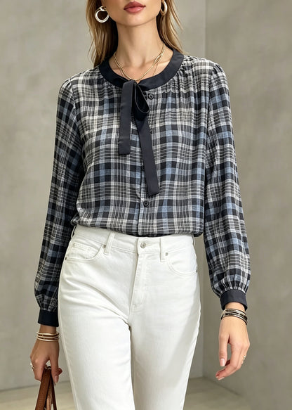 Original Design Plaid Bow Wrinkled Tops Fall