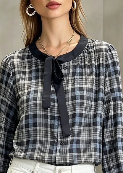 Original Design Plaid Bow Wrinkled Tops Fall