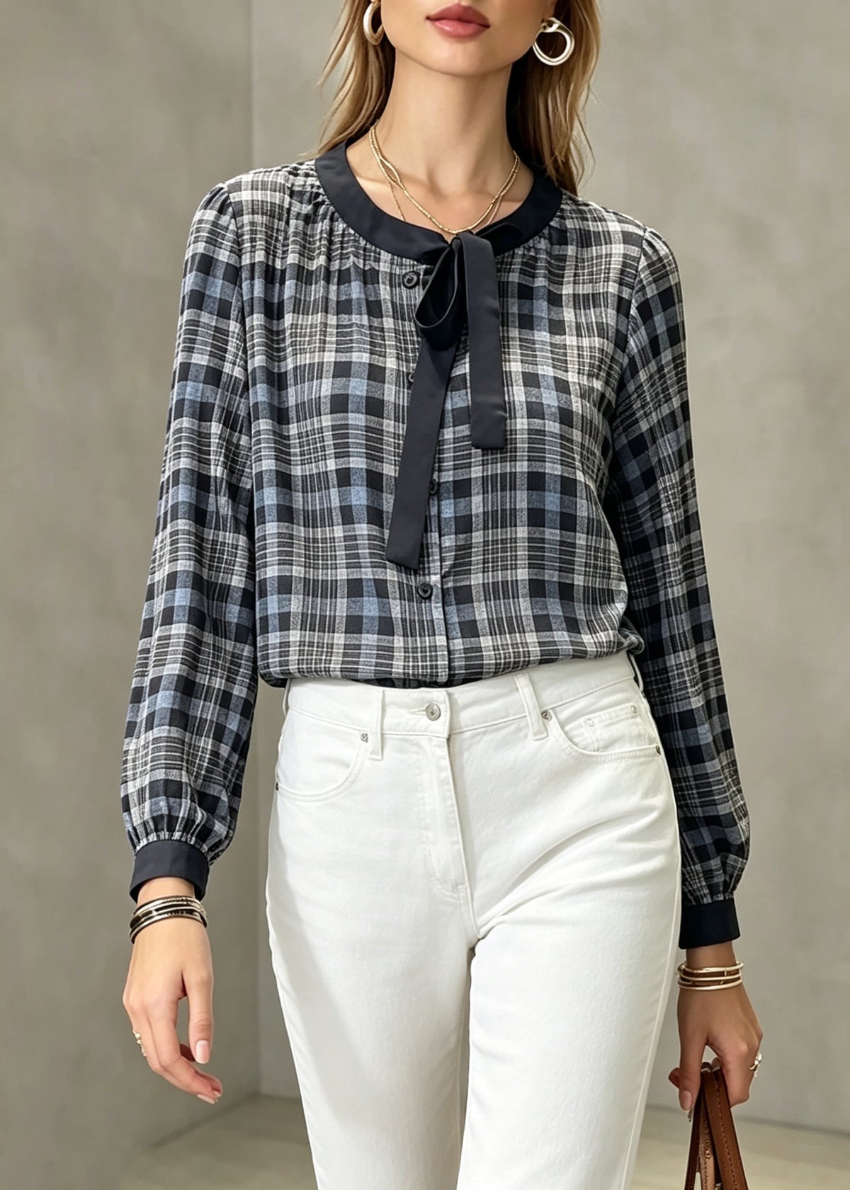 Original Design Plaid Bow Wrinkled Tops Fall