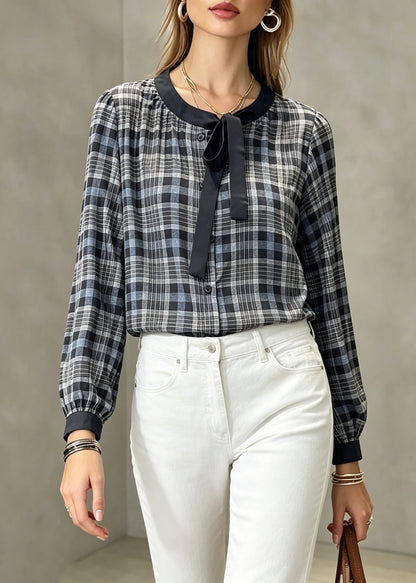 Original Design Plaid Bow Wrinkled Tops Fall