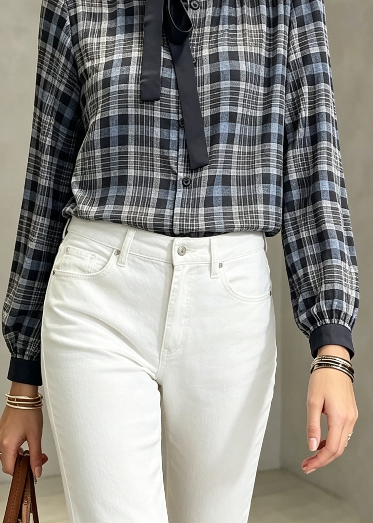 Original Design Plaid Bow Wrinkled Tops Fall