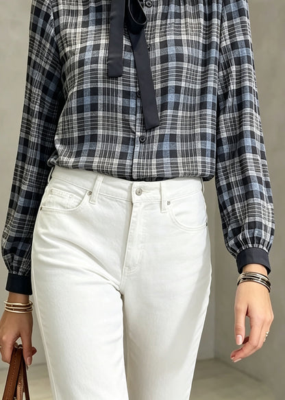 Original Design Plaid Bow Wrinkled Tops Fall