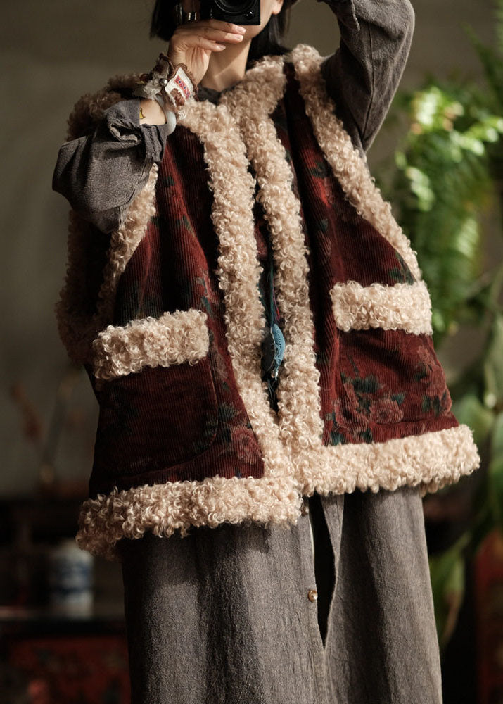 Original Design Pockets Faux Fur Patchwork Corduroy Fine Cotton Filled Vest Winter