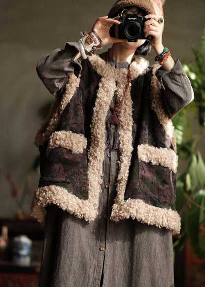 Original Design Pockets Faux Fur Patchwork Corduroy Fine Cotton Filled Vest Winter