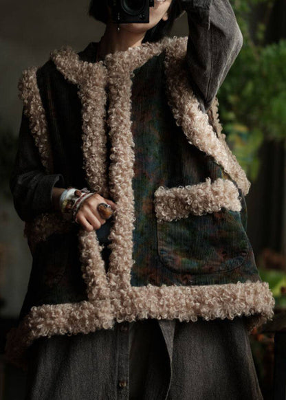 Original Design Pockets Faux Fur Patchwork Corduroy Fine Cotton Filled Vest Winter