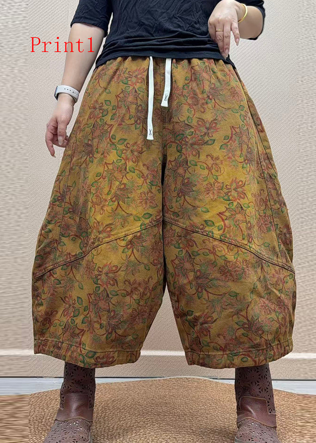 Original Design Pockets Print Elastic Waist Cotton Harem Pants Fall