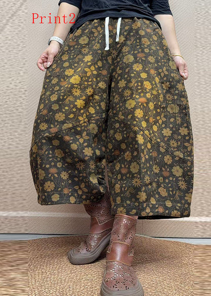 Original Design Pockets Print Elastic Waist Cotton Harem Pants Fall
