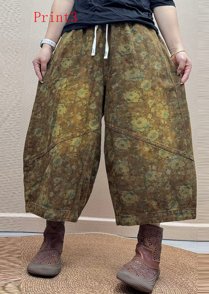 Original Design Pockets Print Elastic Waist Cotton Harem Pants Fall