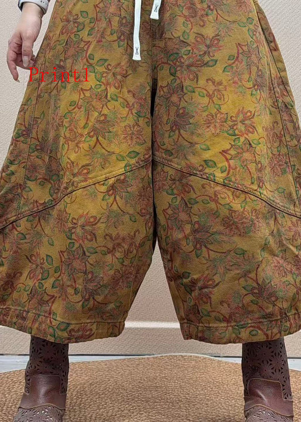Original Design Pockets Print Elastic Waist Cotton Harem Pants Fall