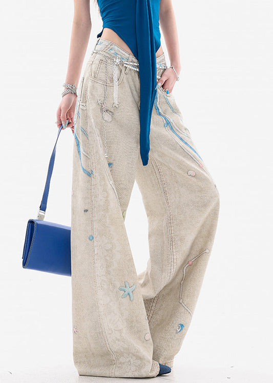 Original Design Print Pockets High Waist Denim Wide Leg Pants Spring