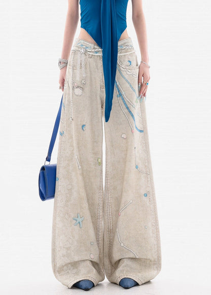 Original Design Print Pockets High Waist Denim Wide Leg Pants Spring