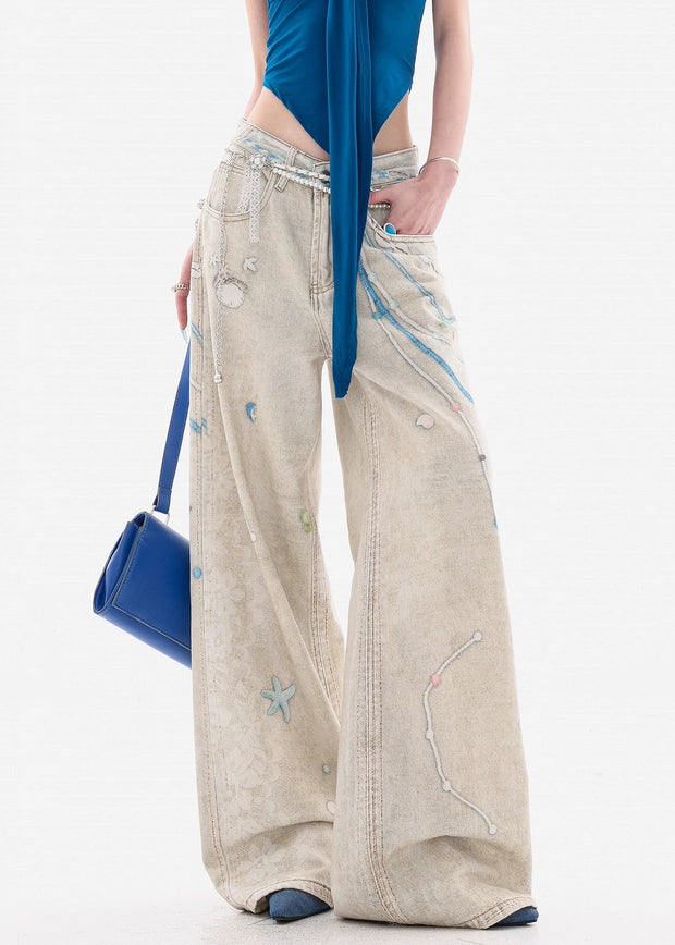 Original Design Print Pockets High Waist Denim Wide Leg Pants Spring
