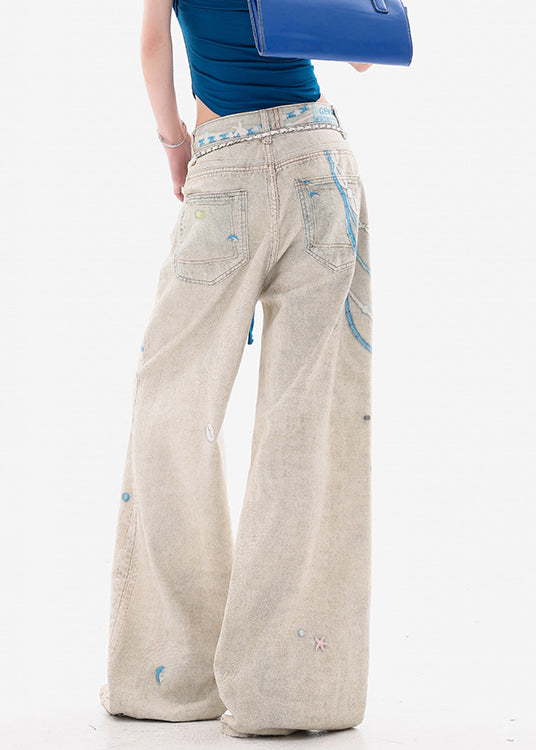 Original Design Print Pockets High Waist Denim Wide Leg Pants Spring